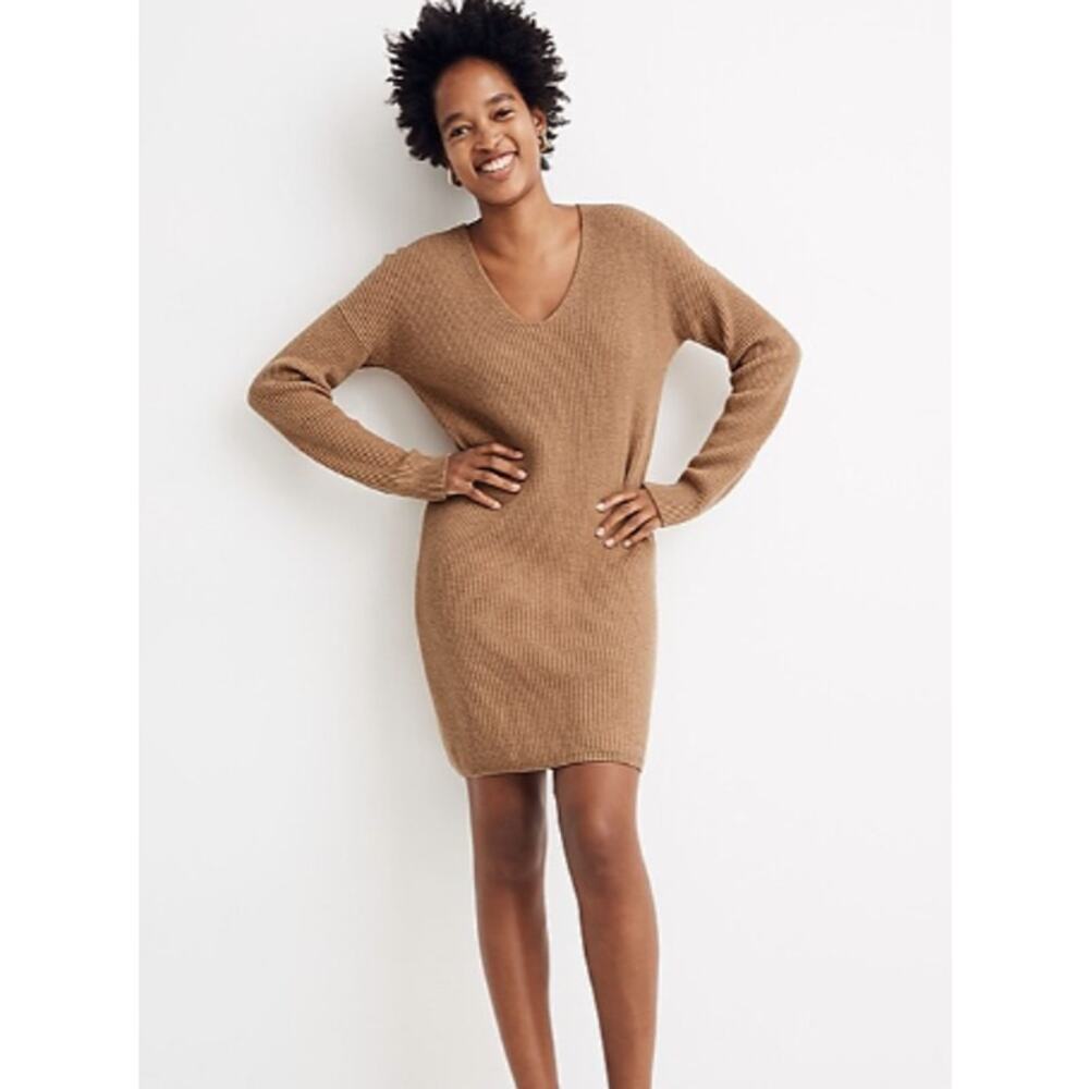 Madewell Wool Blend Long Sleeve V-Neck Sweater Mini Dress Tan Size Medium